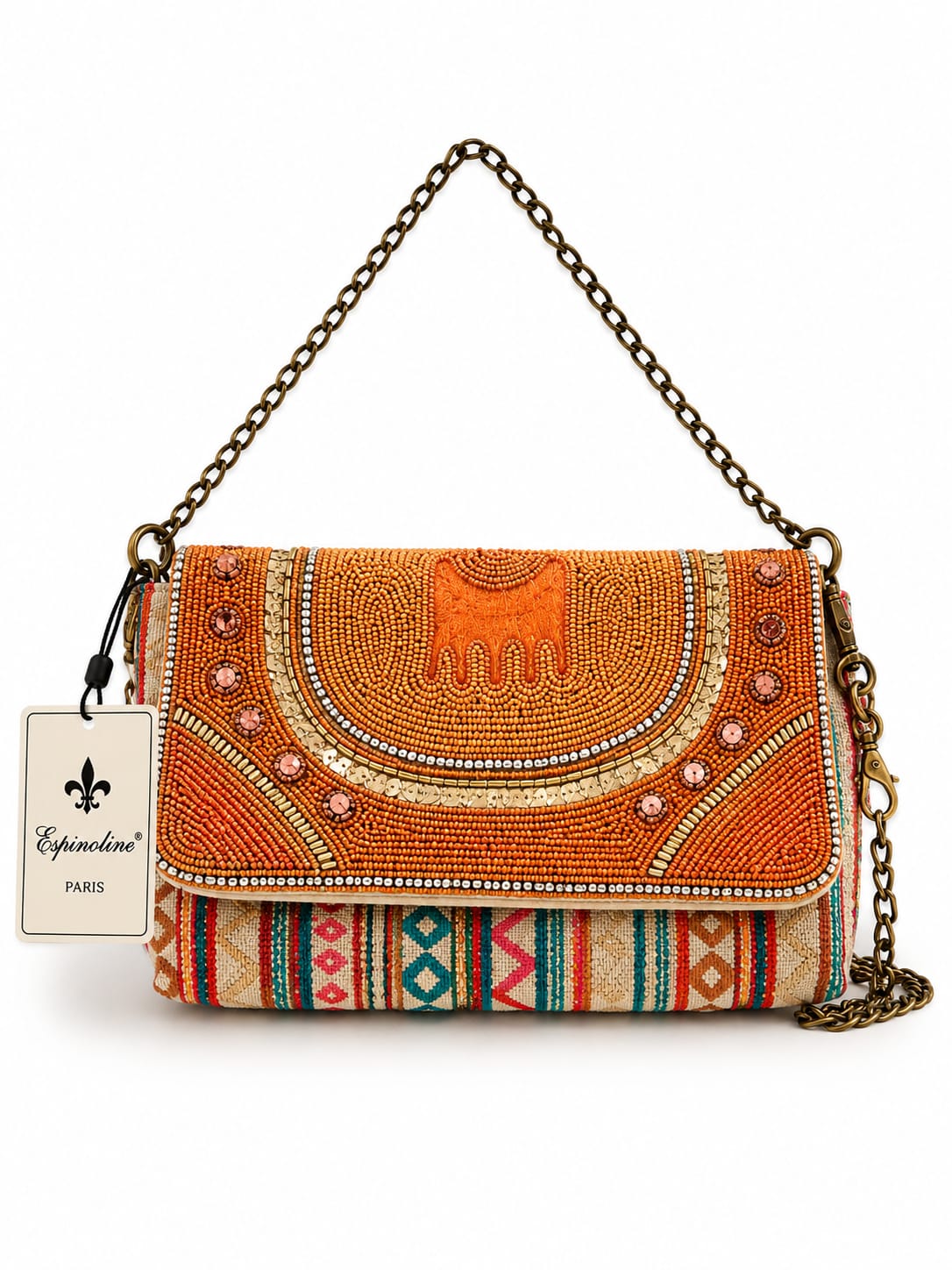 Sac bandoulière brodé à rabat et chaîne