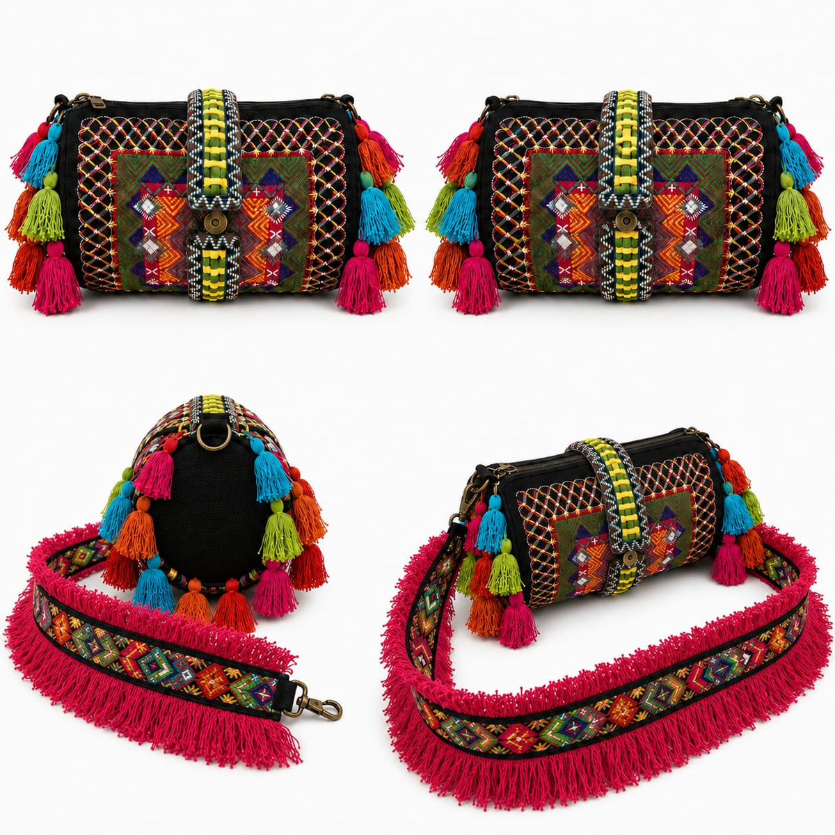 Bolsa Boho com Franjas e Pompons