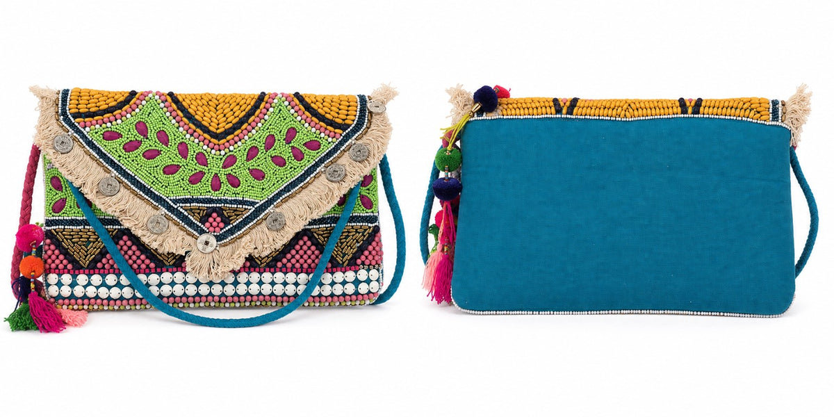 Sac indien brodé, vue de face et dos bleu turquoise – Espinoline® PARIS