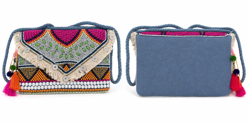 Sac indien brodé, vue de face et dos effet jean – Espinoline® PARIS