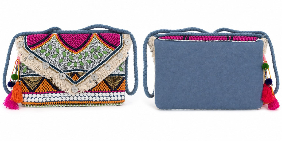 Sac indien brodé, vue de face et dos effet jean – Espinoline® PARIS