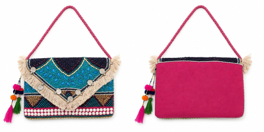 Sac indien brodé, vue de face et dos rose fuchsia – Espinoline® PARIS