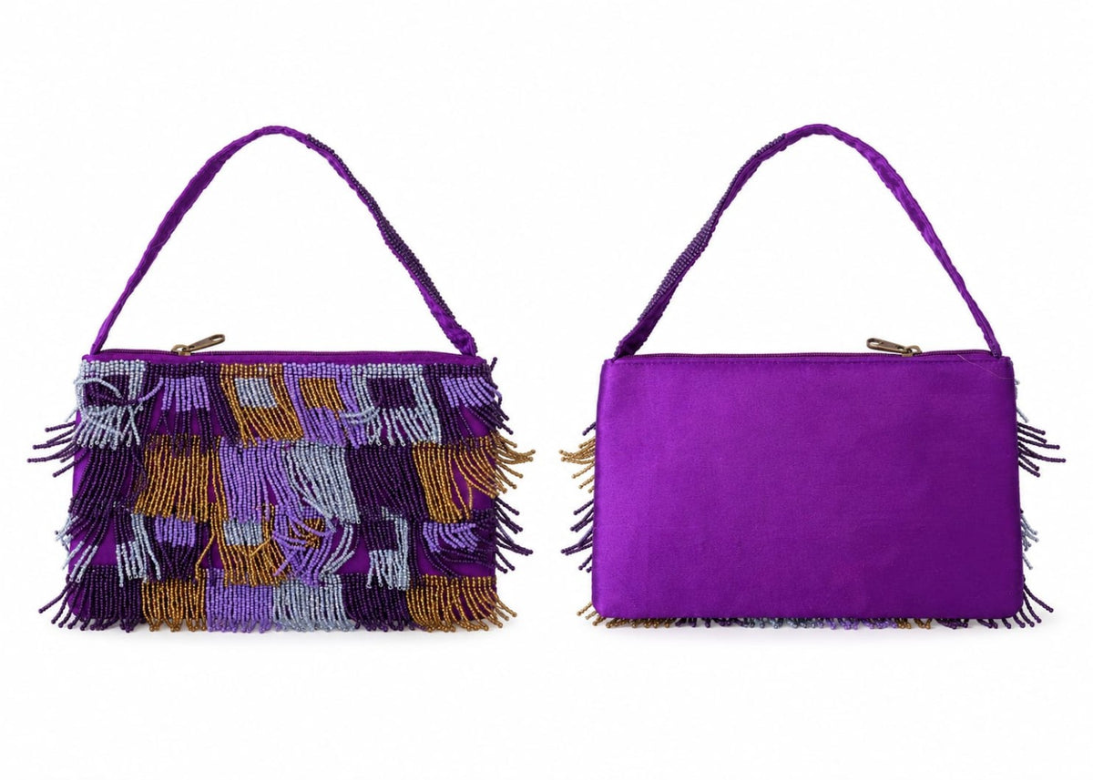 Sac indien violet à franges de perles, face et dos satiné – Espinoline® PARIS