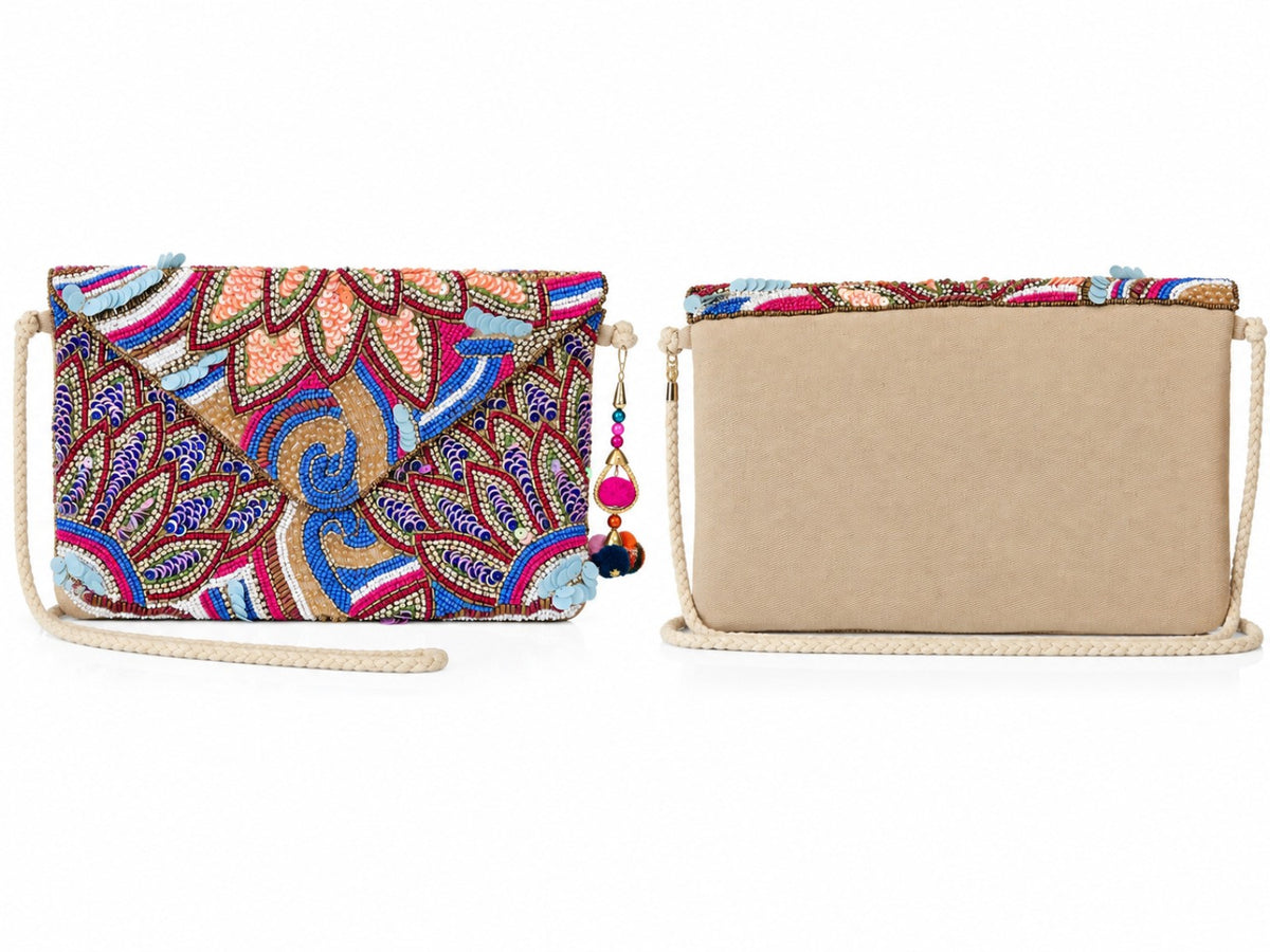 Pochette indienne modèle brodé multicolore, face et dos – Espinoline® PARIS