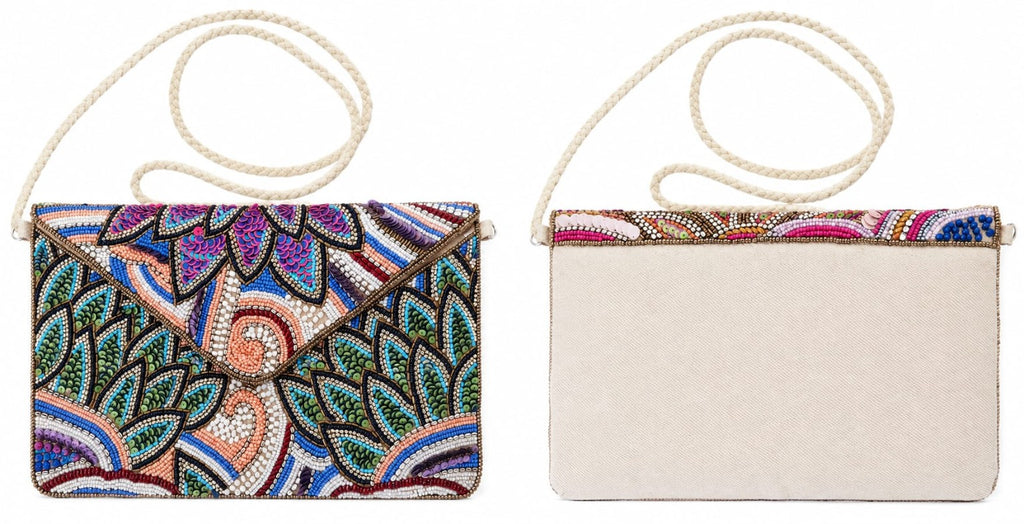 Pochette indienne brodée modèle floral bleu, face et dos – Espinoline® PARIS