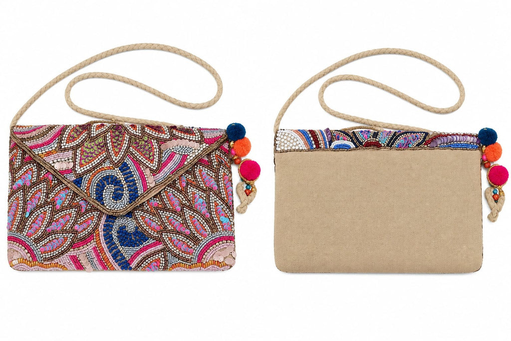 Pochette indienne brodée modèle floral rose, face et dos – Espinoline® PARIS