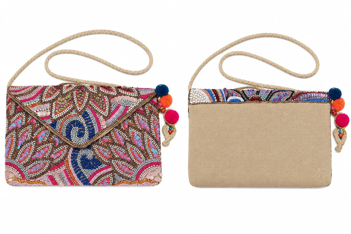 Pochette indienne brodée modèle floral rose, face et dos – Espinoline® PARIS