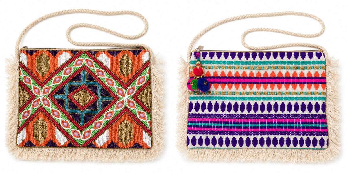 Sac indien carré brodé orange et violet, face et dos – Espinoline® PARIS