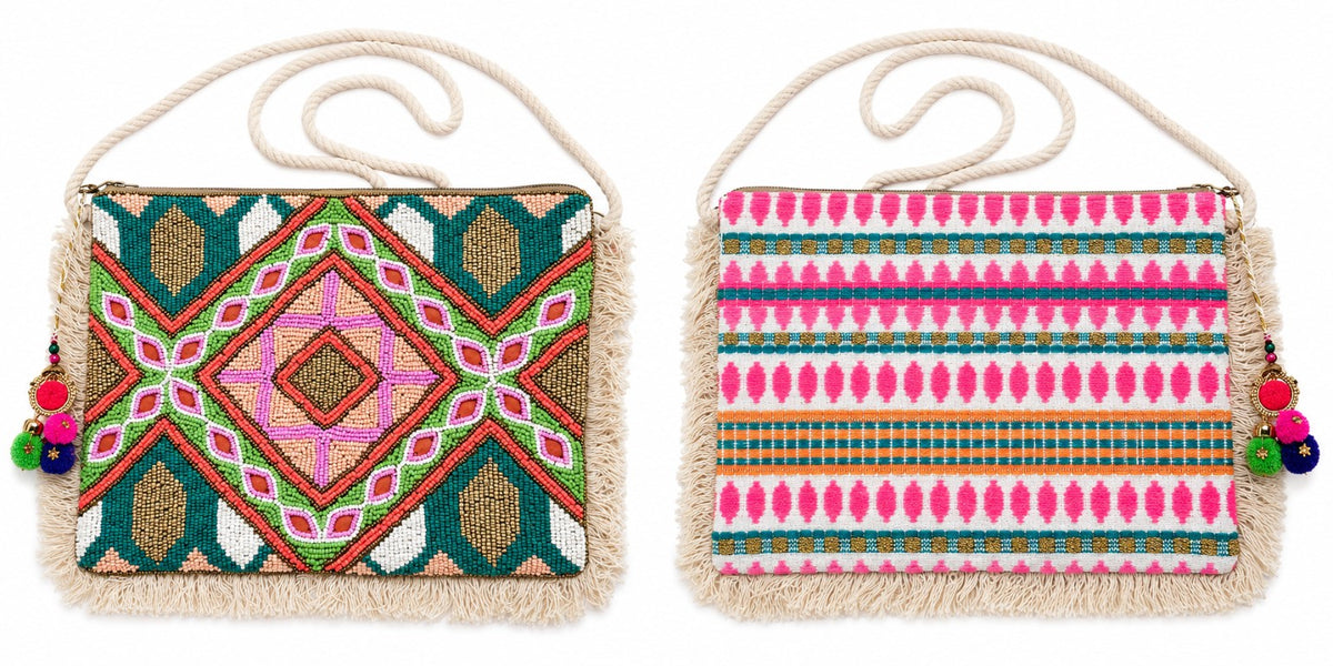 Sac indien carré brodé turquoise et rose, face et dos – Espinoline® PARIS