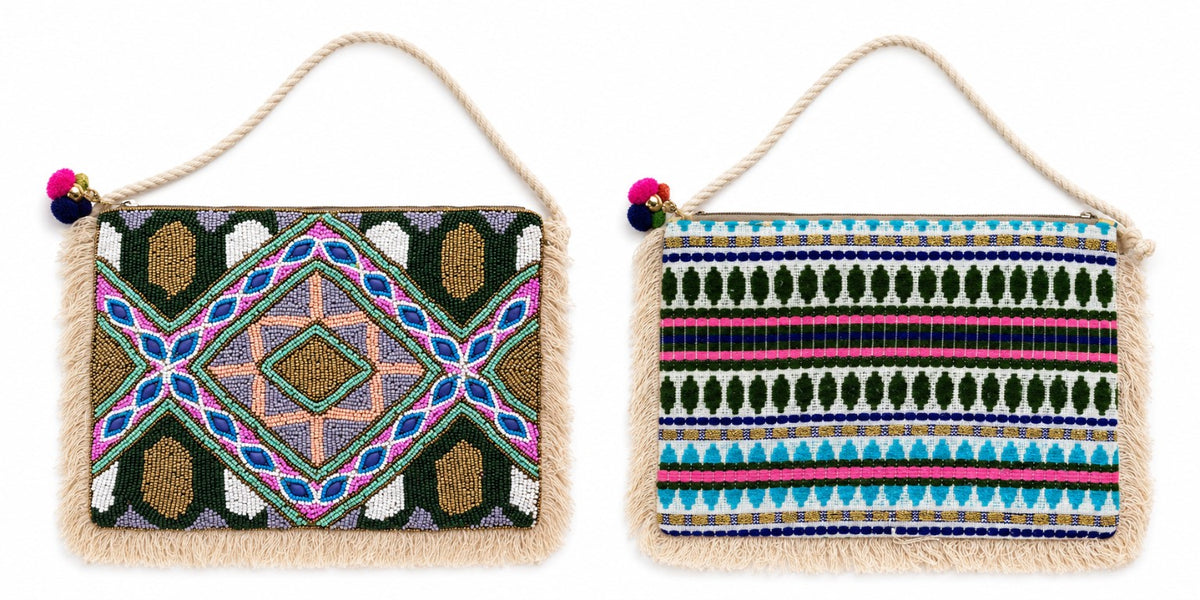 Sac indien carré brodé modèle vert foncé, face et dos – Espinoline® PARIS