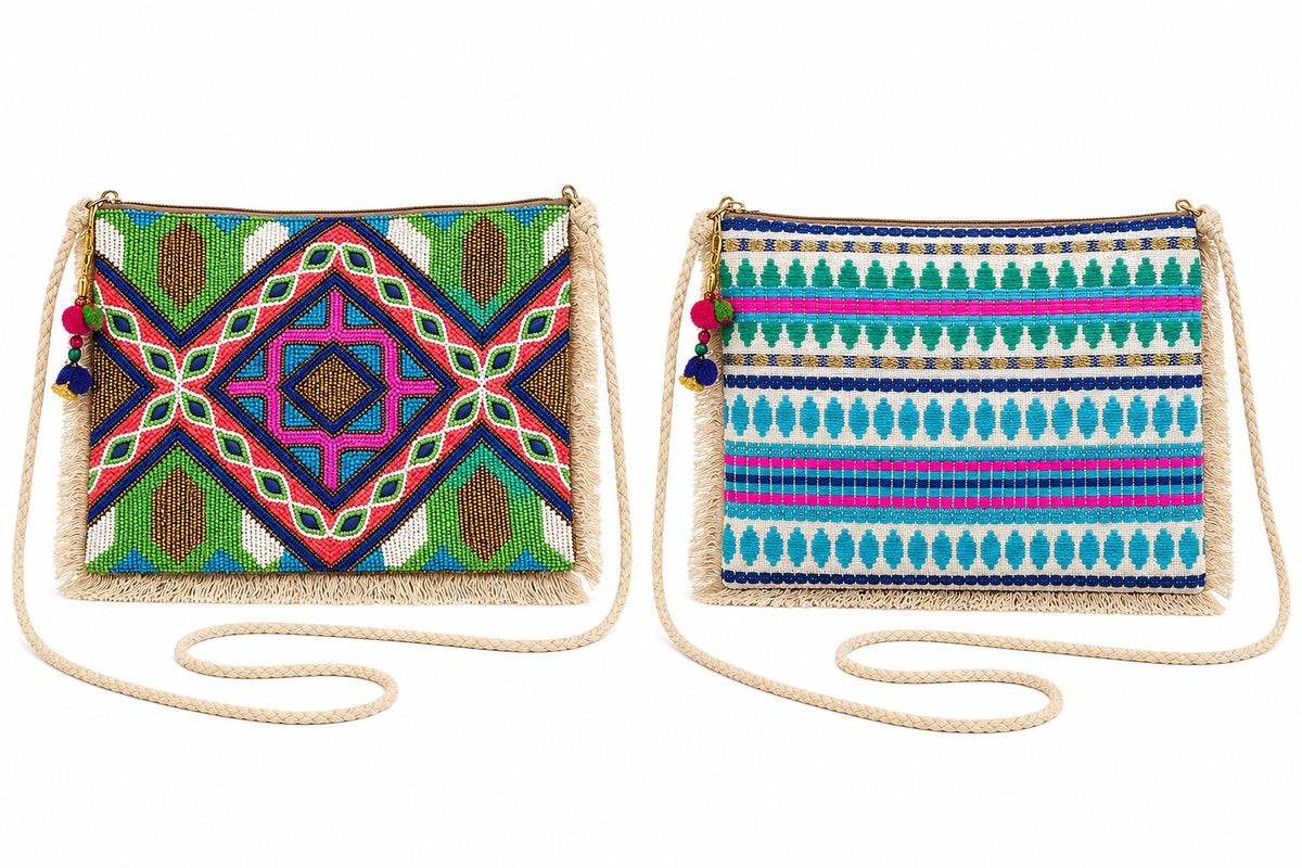 Sac indien carré brodé vert et turquoise, face et dos – Espinoline® PARIS