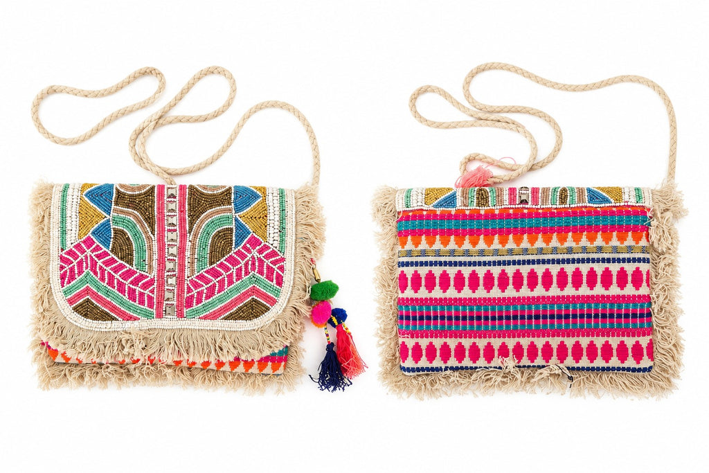 Sac indien à rabat brodé rose et bleu, face et dos – Espinoline® PARIS
