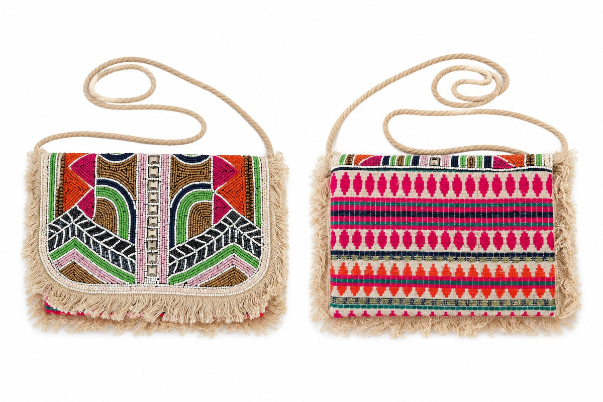 Sac indien à rabat brodé rose et orange, face et dos – Espinoline® PARIS